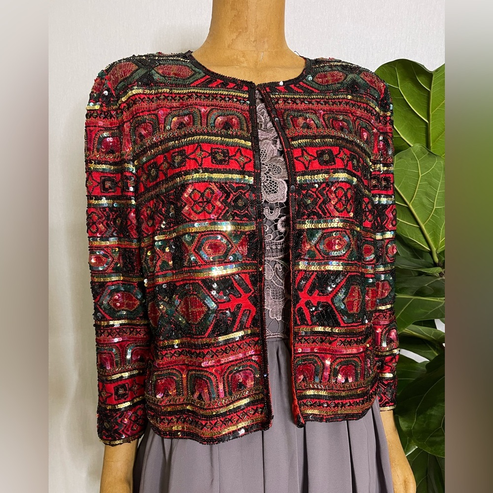 Papell Boutique Vintage 80's beaded red black gold silk sequin  jacket